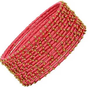 ZULKA Non-Precious Metal with Silk thread and Linked with Ball stone Glossy Finished Bangle Set For Women and Girls, (Watermelon_2.2 Inches), Pack Of 12 Bangle Set