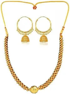 Heer Collection Traditional Wedding Maharashtrian Kolhapuri Thushi (Choker) Necklace Set Jewellery for Women and Girls (Combo Thushi 806 - Jhumki 1012)
