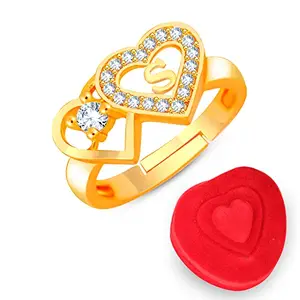 MEENAZ Rings for Women Girls Couple Valentine Gift girlfriend Wife lovers CZ AD American diamond Adjustable gold Love Gifts Initial Letter S Name Alphabet Stylish Heart Ring Heart box gift Red -340