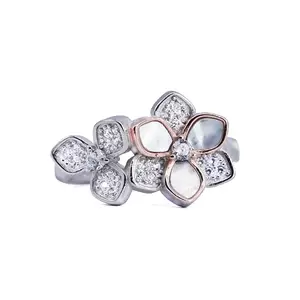 Orova Women's Silver Double Flower Ring with Mother of Pearl & Cubic Zirconia, 7