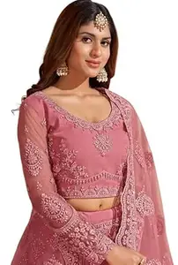 STYLOXEA Women Semi Stitched Embroidered Lehenga Choli Set | Net Fabric Blouse | Floral Pattern Lehenga Skirt | Matching Dupatta | Round Neck Ethnic Outfit