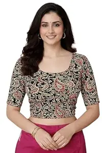 Amazon Brand - Anarva Women's Kalamkari Print Cotton Stretchable Round Neck Readymade Saree Blouse