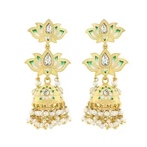 Peora Cream Enamel Meenakari Lotus Long Indian Traditional Ethnic Jhumka Earrings for Women