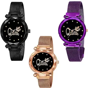 GOLDENIZE FASHION Branded Analogue Multicolor Queen Dial Women & Girl's Stainless Steel Magnet Band Watch (Combo of 3)
