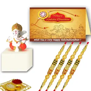 Avirons Decorative Rakhi thread for Brother, Special Bhai Raksha Bandhan Set, Best Combo with Pack 4 Beautiful Rakhi, Lord Ganesh, Roli Chawal and Brother Greeting Card