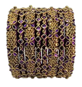 Paavai Traditional Kundan Bangles, Violet Floral Design, Set of 8 (2.6)