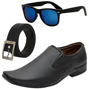 Vitoria Tranding & Fashionable Men Formal Shoes with Free Belt & Unisex Black Gold Avitor Sunglasses Combo/10