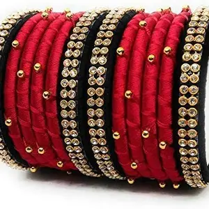 thread trends Base Metal with Pearl Traditional Bangle for Women (Black, Red)