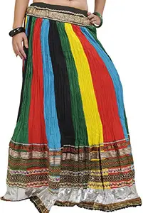 Exotic India Long Ghagra Skirt from Jaipur with Gota Border and Lace - Color Multi ColorGarment Size Free Size