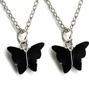(2 Pcs) Black Color Valentine's Day Special Stainless Steel I Love You Romantic Beautiful Butterfly Wings Charm Pendant Locket Necklace With Clavicle Chain For Girl's & Women's