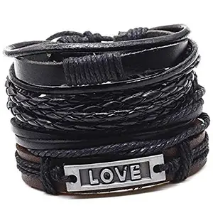 Jewelgenics Multi-Layer Love Metal Tag Black Leather Bracelet for Men and Boys (Set of 4)