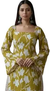 SANGOURI Women Pure Cotton Floral Printed Short Kurti | Square Neck | Full Sleeves | Stylish Ethnic Kurta | Back Tie-Up | Casual Wear Kurta