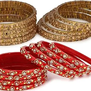 Somil Combo Of Designer Wedding & Party Colorful Glass Kada/Bangle Set, Pack Of 24, Golden & Red