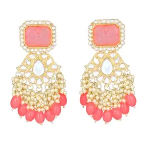 Gehena by Estele Gold Plated Fashionable Kundan Drop Earrings with Mint Pink Beads for Girls/Women
