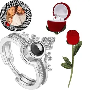 ASV FASHION ENTERPRISES ASV Fashion I Love You 100 Language Silver Crown Ring with with Flower Ring Box for Girlfriend, Wife, Lovers Romantic Gift for Valentine Day-Silver Alloy