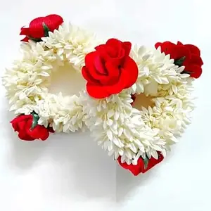 Generic Artificial Flower Hair Gajra Wedding Scrunchie Gajra Bracelet, Hand Gajra, Indian Wedding Floral Jewelery, Hair Gajra, Hair Accessories, Mogra Gajra, Elastic Gajra (White - Red)