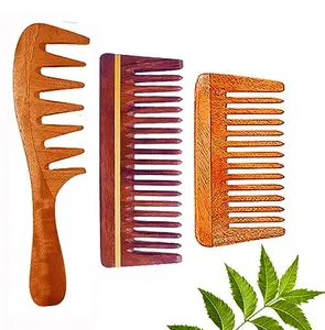 Rufiys Wooden Comb for Women & Men Hair Growth Anti Dandruff Hairfall Control | Neem Wooden Comb Wide Tooth Combo Pack of 3 (ODWC-Q8)