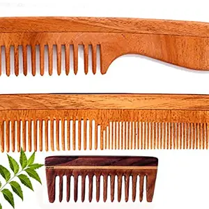 Rufiys Neem Wooden Comb Set I Wooden Comb for Women & Men I Neem Comb for Hair Growth I Anti- Dandruff I Wide Tooth Detangler (Pack of 3 Brown)