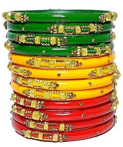 T4 Jewels 2.10 & 2.12 Size Glossy Finished Figured Stones Green/Yellow/Red Colour Bangle Set For Women & Girls - (Set Of 12)_2.10
