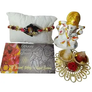 Resin Krishna Rakhi with Rose Petals & Rudraksha – Sarnaya Essence Gift Combo with Ganpati Idol, Tilak Platter, Card & Decorative Box