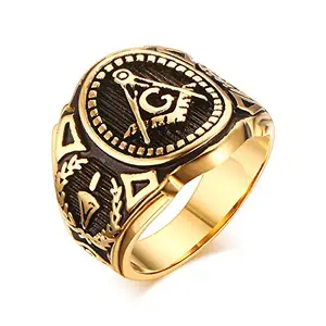 Asma Jewel House Stainless Steel Vintage Freemason Symbol Gold Ring for Men | Hypoallergenic & Scratch Resistant | US Size 9 | Meaningful Gift | stylish and Modern gold ring for men