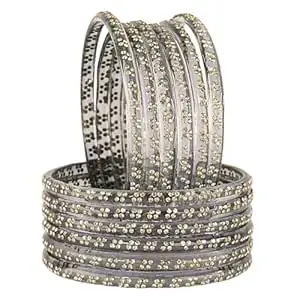 STYOLLO Designer Glass Bangles Set For Women & Girls Studded With Golden Zircon Stone | Stylish Glass Bangle | Fancy Chudi Set | Traditional Women Bangles | Girls Chudi | Fashion Jewellery - Set Of 12