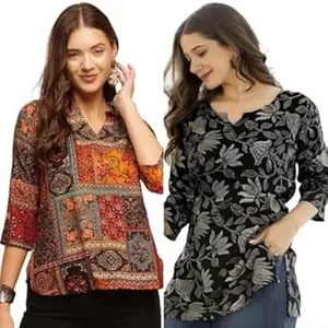 MS VHCK ENTERPRISE Women's Cotton Printed Short Kurti, Round Neck, Three Quarter Sleeve, Straight Fit, Pack of 2