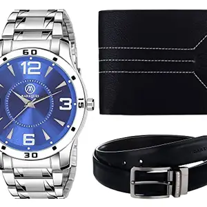 MARKQUES Stainless Steel Chain Men's Watch, Leather Wallet and Belt 3 in 1 Combo Festival Gift Set for Men and Boys (BON-770509-MIL-01-NL-01)