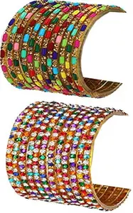 Colorful Glass Bangles/Kada Set Combo Ornamented With Colourful Chips & Beads_D42 (AkBang2-AI1.b_bang)