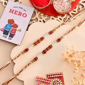 Ascension Pack of 2 Rudraksha Pearl Rakhi Raksha Bandhan Gift Band Moli Bracelet Stone Designer Rakhi for Brother and Bhabhi with You are My Hero Fridge Magnet & Roli Tilak Set