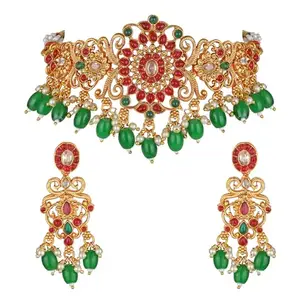 Shining Diva Fashion Latest Stylish Design Fancy Pearl Choker Traditional Temple Necklace Jewellery Set for Women (rrsd13872s) (Golden)