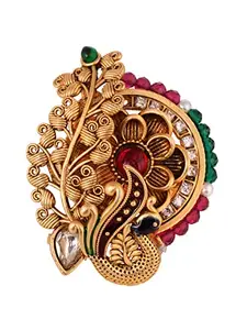 SARAF RS JEWELLERY Gold Plated Traditional Adjustable Peacock Ring, Coloured Bead & Kundan Ring for Women