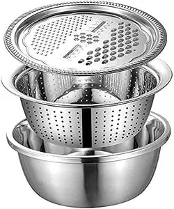 AADGEX Stainless Steel Mirror Finish 3-In-1 Multipurpose Drain Basket- Grater- Basin Bowl; Vegetable Slicer For Fruits And Other Items | Outer Diameter- 26Cm, 12 X 15 X 10 Centimeters, Silver