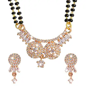 Shining Jewel - By Shivansh Shining Jewel Rose Gold Plated Solitaire, CZ, Crystal & AD Studded Mangalsutra Tanmaniya Pendant Necklace Jewellery Set with Earrings (SJN_113)