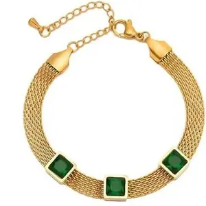 VIEN® Stainless Steel Plated Gold Simple Jewelry Bracelet Custom Mesh Chain Set With Emerald Fashion Bracelet