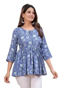 Women's Blue Floral Printed Rayon Peplum Top with 3/4 Sleeves