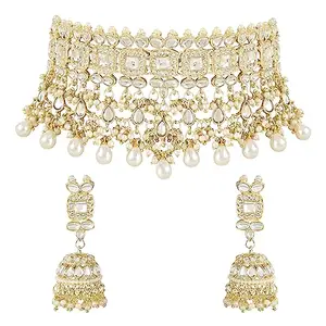 I Jewels Traditional Kundan & Pearl Bridal Choker Necklace Jewellery With Jhumka Earrings Set For Women (K7246W)