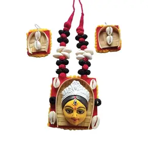 Handmade Durga Face Kulo Frame Necklace Set with Red-Black Beads & Cowrie Shells