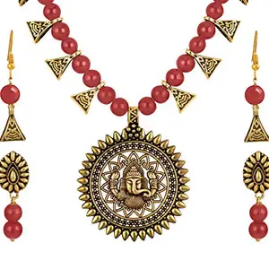 JFL - Jewellery for Less Fashion Handcrafted Gajamukha Gold German Silver Oxidized Combo of 2 Earrings and Beaded Necklace Set with Adjustable Thread (Red),Valentine