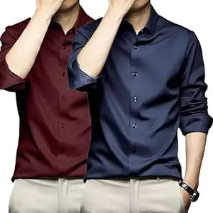 DEELMO Combo of Men's Stylish Solid Satin Casual Shirt for Men Full Sleeves| Poly Satin Silk Shirt Pack of 2