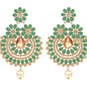 JFL - Jewellery for Less Gold Plated Floral Polki Cz Stone and LCD Diamond Studded Chand Bali Earrings for Women and Girls (Light Emerald Green)