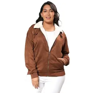 Instafab Plus Women's Tan Brown Fleece Lined Biker Jacket For Casual Wear | High Neck | Long Sleeve |Zipper Closure | Jacket Crafted With Comfort Fit For Everyday Wear