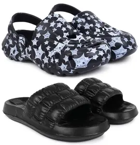 Pampy Angel Combo Pack of 2 Slipper/Flip Flops/Slides/Clogs/Sandals with Adjustable Back Strap for Men,(Cl-A-Star-Black,Box-Black),7 (UK/India)