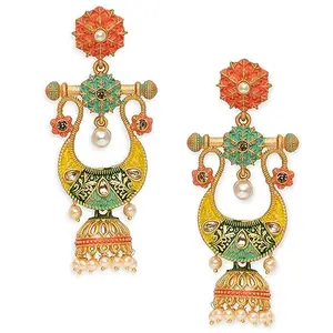 fabula OOMPHelicious Jewellery Pink & Mint Green Meenakari & Kundan Long Chandbali Jhumka Earrings For Women & Girls Stylish Latest (U-ECK59_CC1)