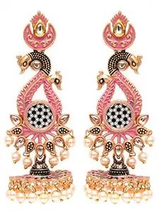 Karatcart Antique Gold Plated Kundan Studded Pink Meena Peacock with Flat Jhumki Dangler Earrings