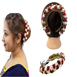 Fully Red and White Flower Gajra with Beads Work for Girls and Women Wedding Hair Styling