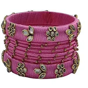 HABSA HABSA Hand Craft Beautiful Design and kundans Silk Thread Bangle Set Pack of 8 Pices Baby Pink Color (size-2/0)
