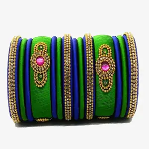 HARSHAS INDIA CRAFT Silk Thread Bangles Stones Chuda Bangle Set (blue-light green) (Size-2/2)