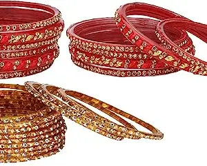 1st Time Combo Of Party & Wedding Colorful Bangle/Kada Set, Glass, Red And Gold, Pack Of 20 -AFE1