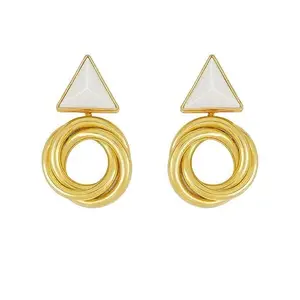 Gold Triangle Stud Earrings with Rings | Modern Geometric Korean Jewelry | Lightweight and Trendy Fashion Accessory for Women and Girls